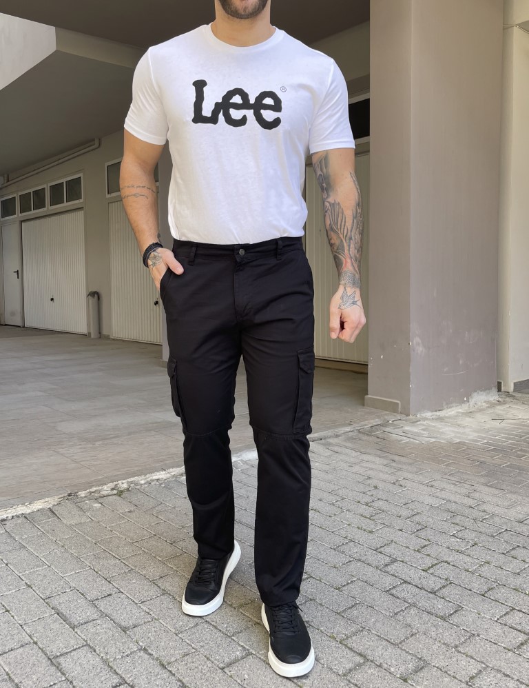 Ανδρικό cargo ίσιο μαύρο υφασμάτινο παντελόνι BO1682 φωτογραφία